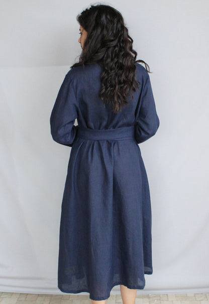 Blue Linen Wrap Dress With Belt, Maxi Dress