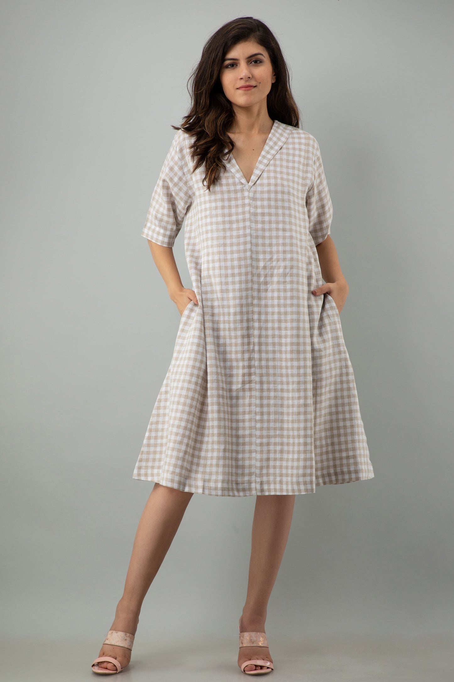 Checkered Casual Linen Midi Dress