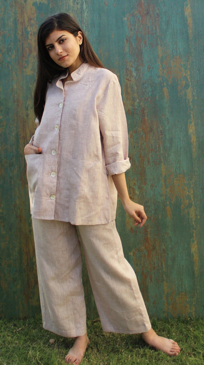 Lounge wear Set Boxy Shirt with Pants, Linen Sleep Wear, Linen pajama set, Long Sleeve Casual Wear Top Bottom Pajama Set, Linen Homewear Set
