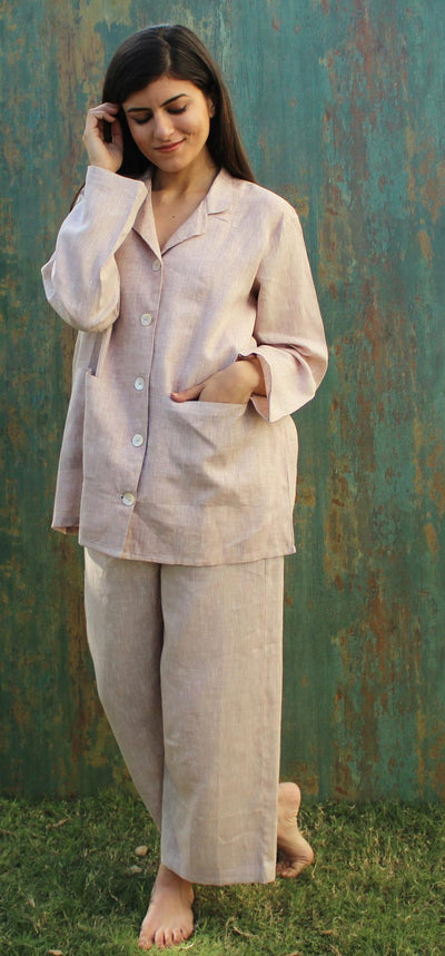 Lounge wear Set Boxy Shirt with Pants, Linen Sleep Wear, Linen pajama set, Long Sleeve Casual Wear Top Bottom Pajama Set, Linen Home wear Set