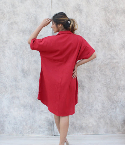 Red Linen Shirt Dress, Loose Oversized Shirt Dress