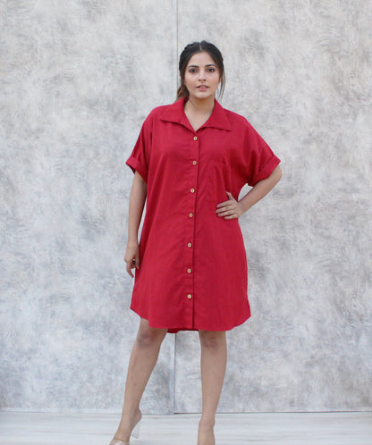 Red Linen Shirt Dress, Loose Oversized Shirt Dress