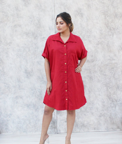 Red Linen Shirt Dress, Loose Oversized Shirt Dress