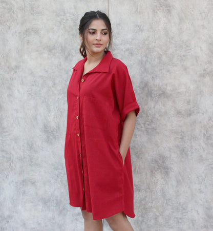 Red Linen Shirt Dress, Loose Oversized Shirt Dress