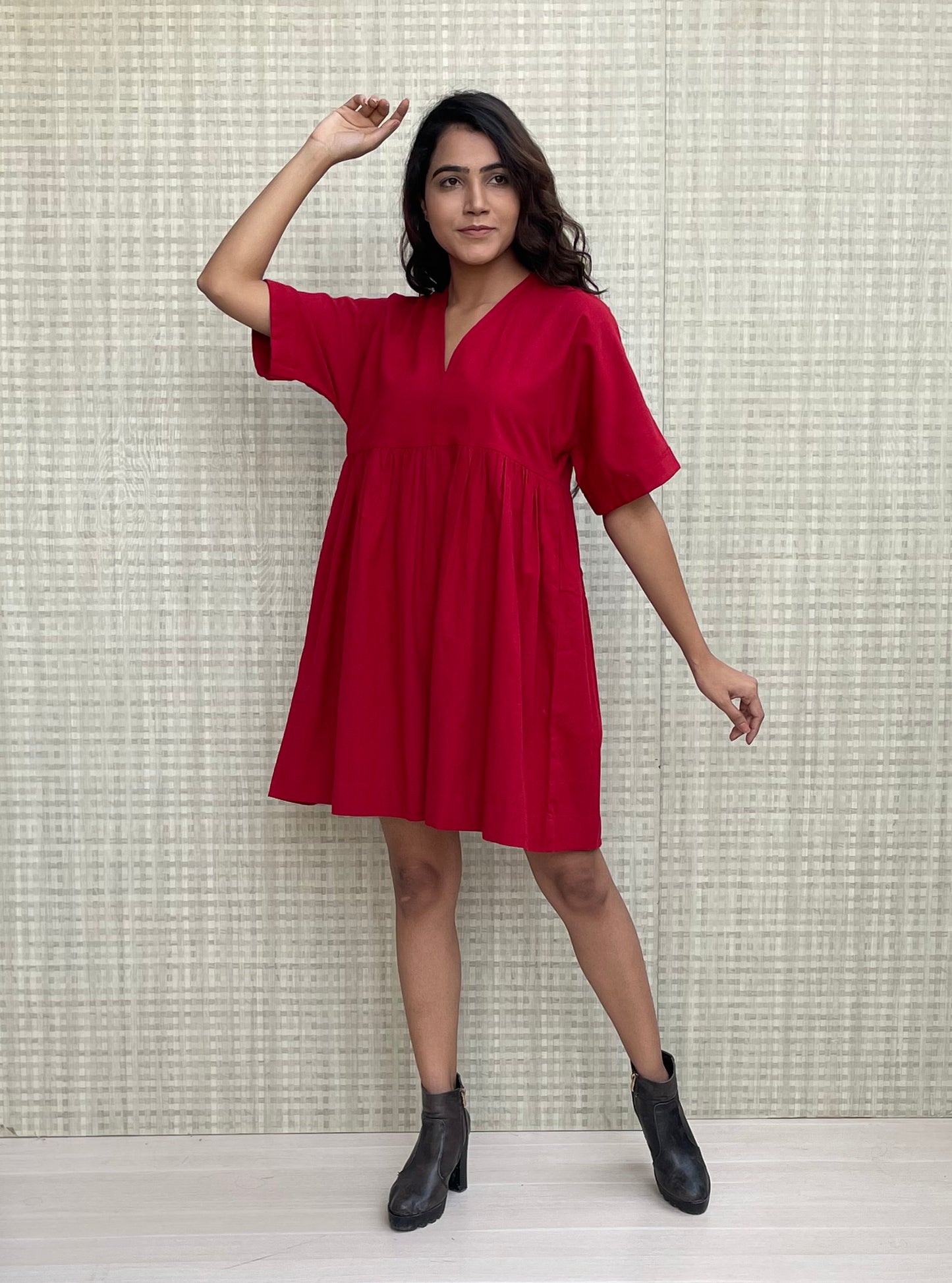 Red Short Linen Dress With Pocket, Empire Waist V-Neck Linen Dress