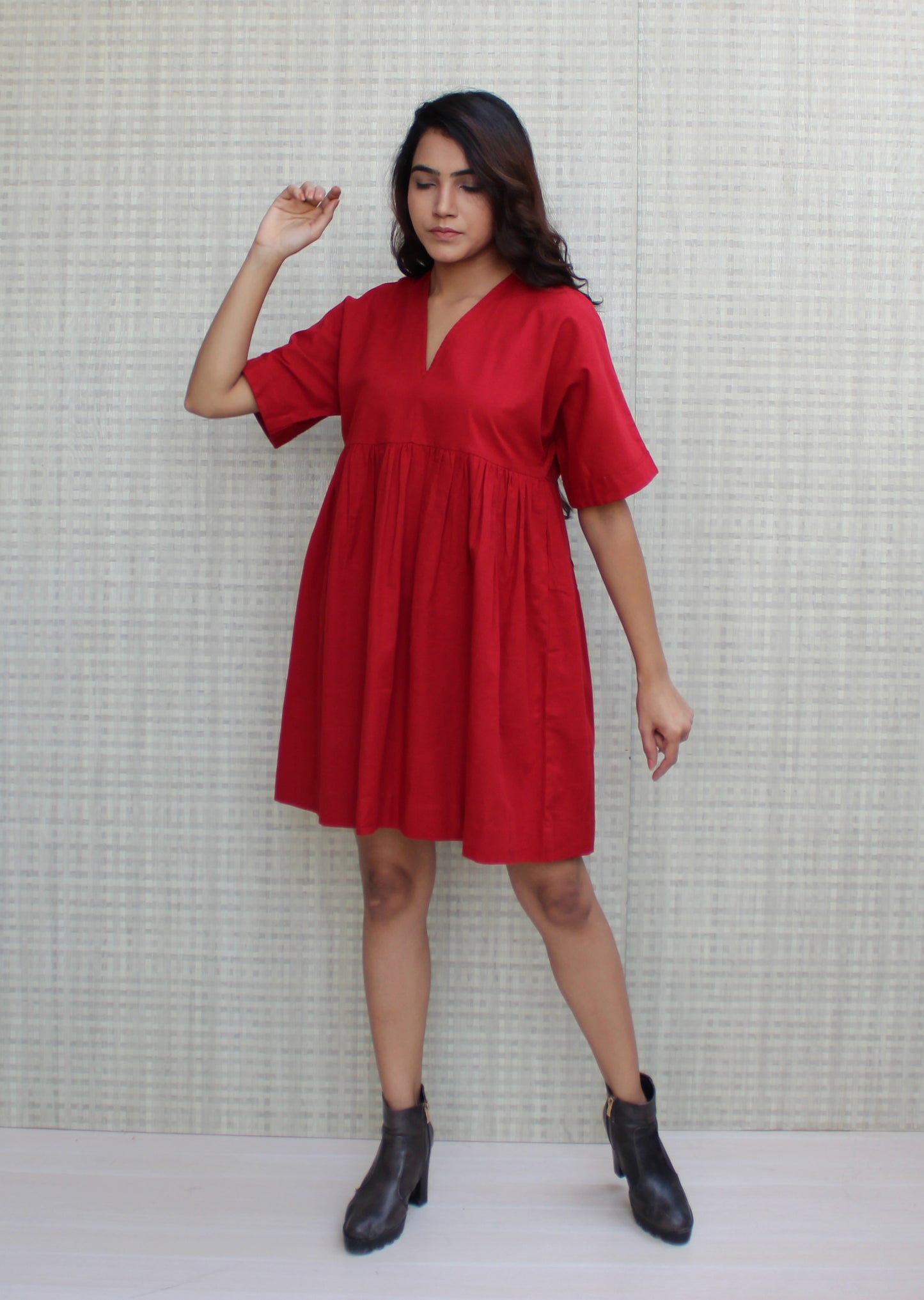 Red Short Linen Dress With Pocket, Empire Waist V-Neck Linen Dress