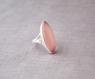 Pink Chalcedony Ring, Pink Stone Ring,925 Sterling Silver Ring, Simple Gemstone Ring, Solitaire Ring, Handmade Ring, Large Silver Rings
