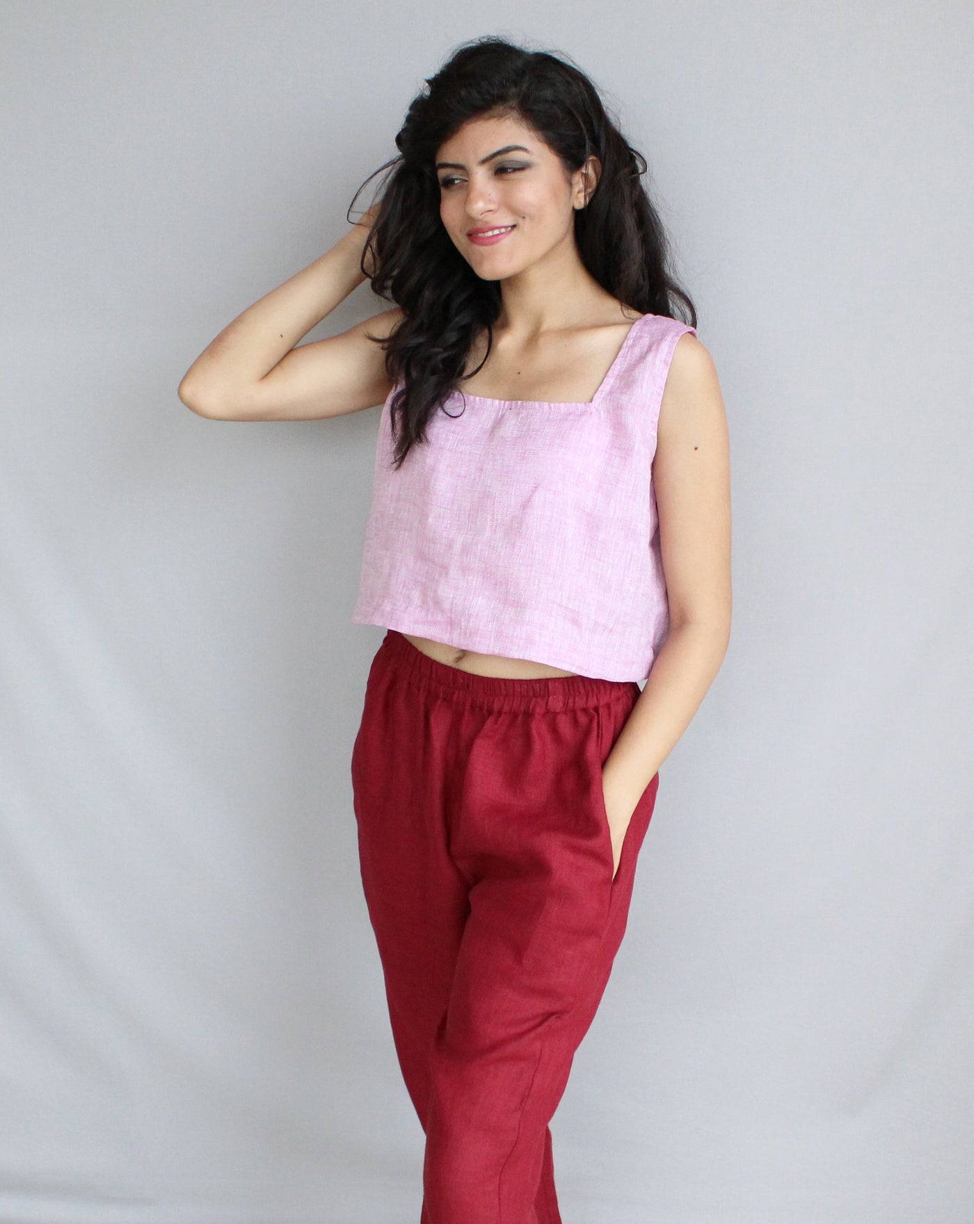 Wide Straps Square Neck Top, Cropped Linen Shirt, Loose Linen Top, Linen Tank Top, Pink Linen Top, Linen Crop Top, Linen Sleeveless Blouse