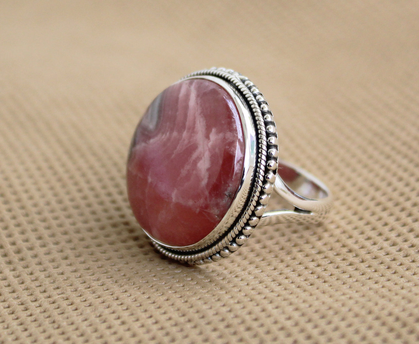 Rhodochrosite Ring, 925 Sterling Silver, Statement Ring, Pink Gemstone Ring,Natural Gemstone, Organic Ring, February Birthstone,Promise Ring