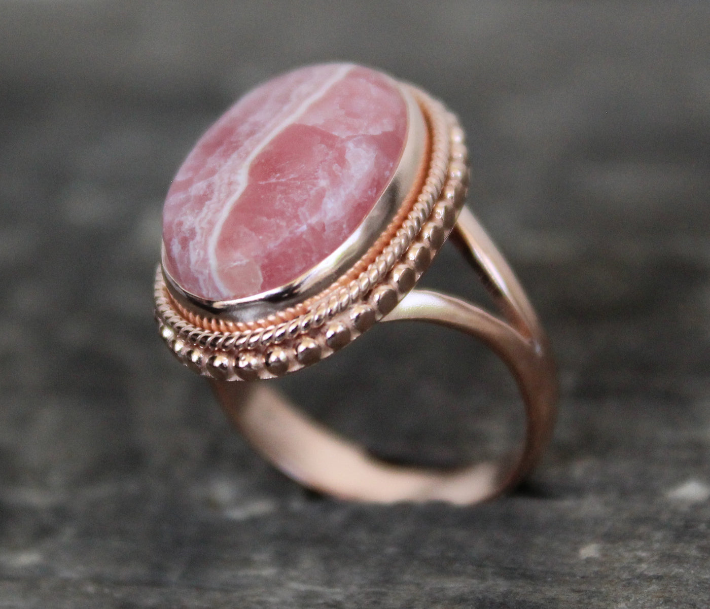 Rhodochrosite Ring, 92.5 Sterling Silver, Handmade Ring, Rose Gold Ring, Boho Rings, Agate Jewelry, Large Oval Ring