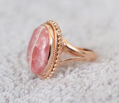 Rhodochrosite Ring, 92.5 Sterling Silver, Handmade Ring, Rose Gold Ring, Boho Rings, Agate Jewelry, Large Oval Ring