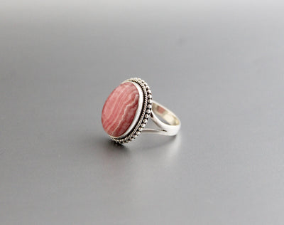Rhodochrosite Ring, 92.5 Sterling Silver, Handmade Ring, Agate Jewelry, Large Oval Ring, Womens Jewelry, Split Band Ring, Pink Stone Ring