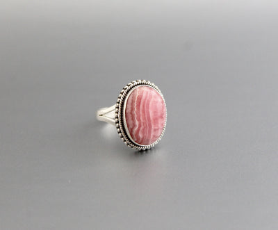 Rhodochrosite Ring, 92.5 Sterling Silver, Handmade Ring, Agate Jewelry, Large Oval Ring, Womens Jewelry, Split Band Ring, Pink Stone Ring