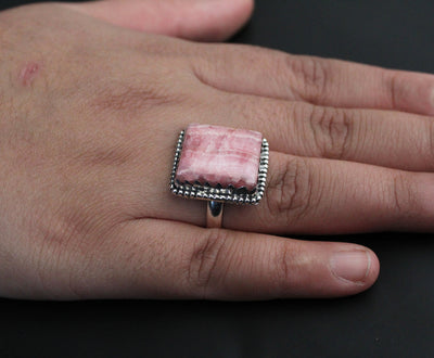 Rhodochrosite Ring, 92.5 Sterling Silver, Handmade Ring, Boho Rings, Agate Jewelry, Large Oval Ring, Organic, Statement, Modern Ring, Boho