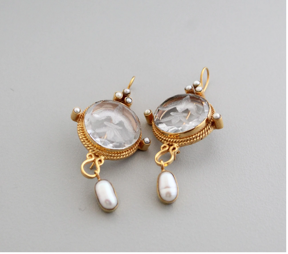 Clear Crystal Intaglio Earrings, Intaglio Crystal Earrings, Vintage Earrings, Handcrafted Intaglio Jewelry, Antique Jewelry,Gemstone Jewelry