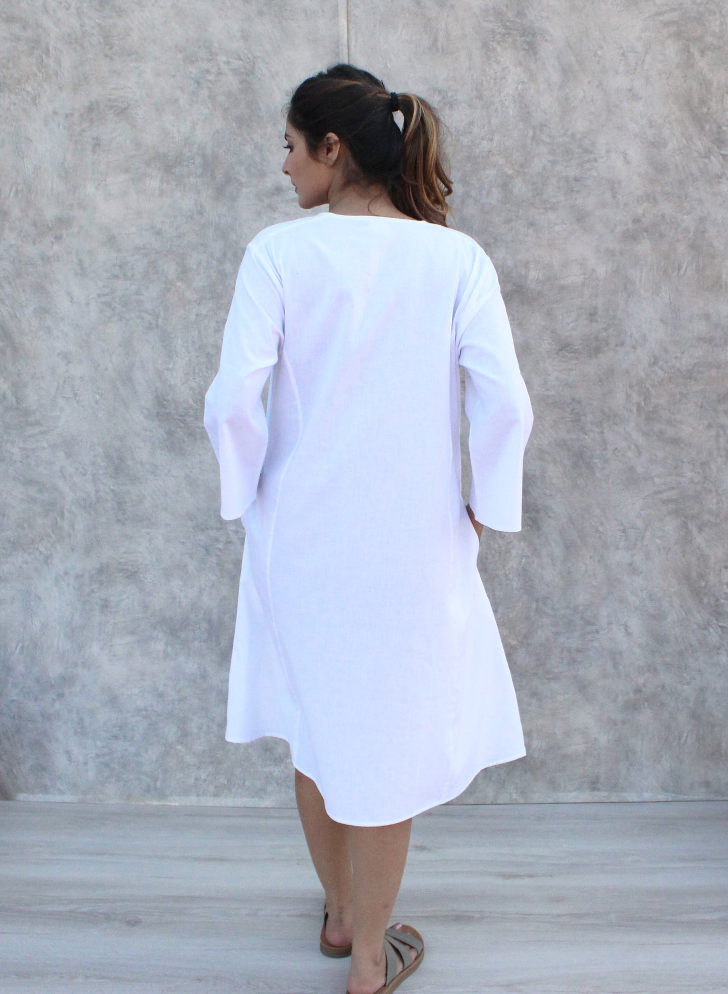 White Linen Shift Dress, Split Neck Classic Linen Midi Dress