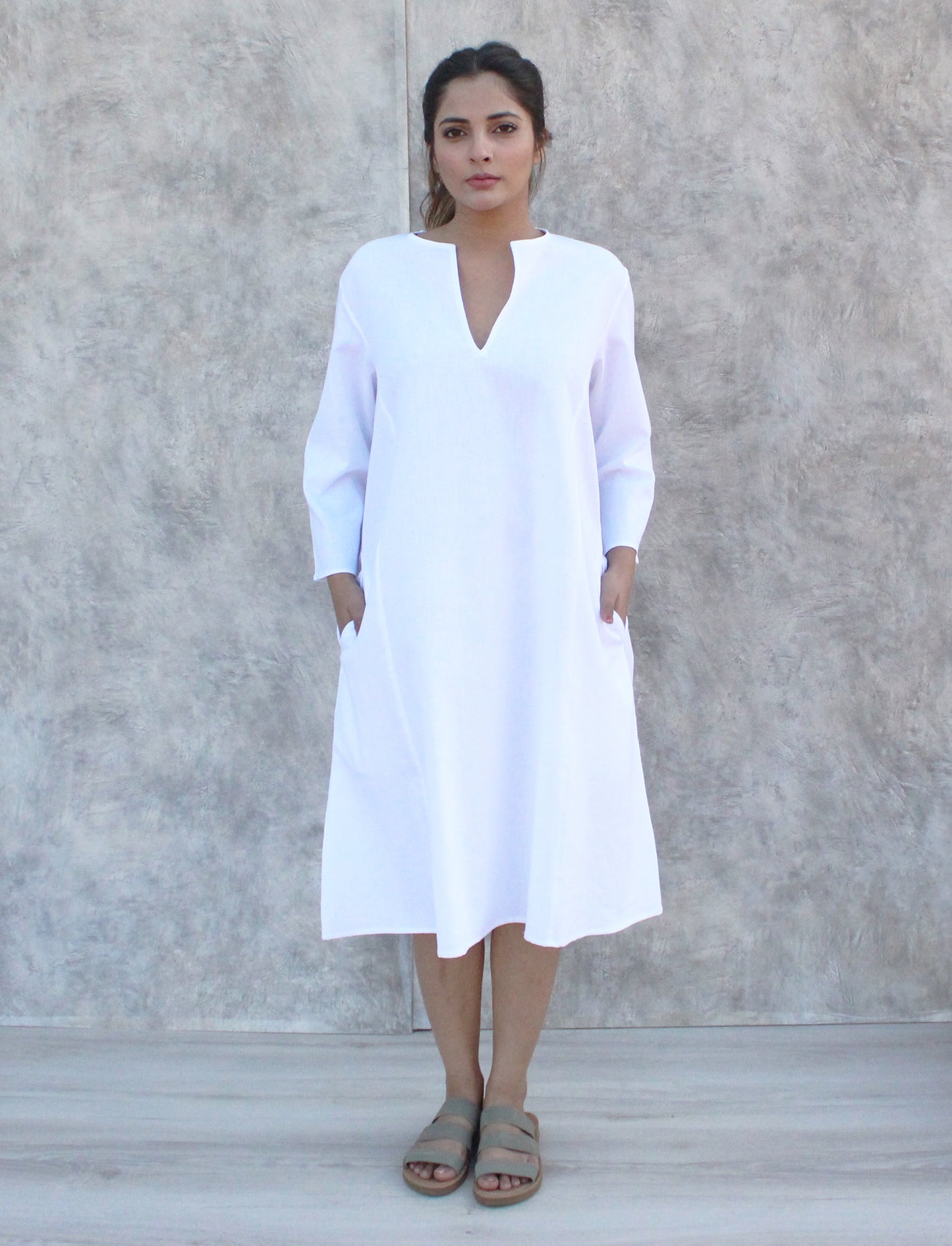 White Linen Shift Dress, Split Neck Classic Linen Midi Dress