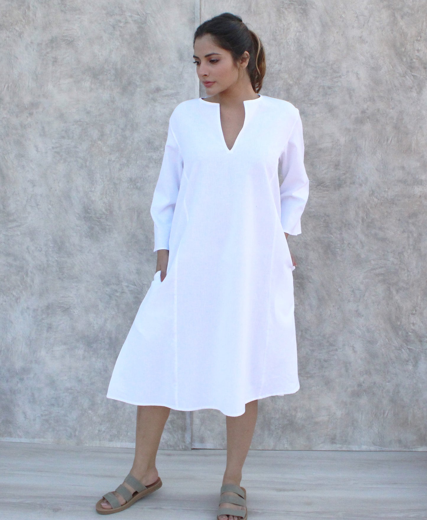 White Linen Shift Dress, Split Neck Classic Linen Midi Dress