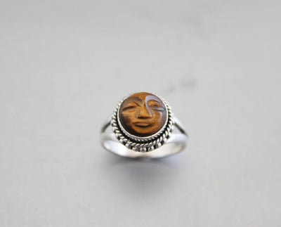 Tigers Eye Gemstone Ring.Moon Face Ring. Hand casted full moon.July Birthstone.Moon Ring. Stone Jewelry.Gemstone.Boho. Gypsy. Crescent Moon