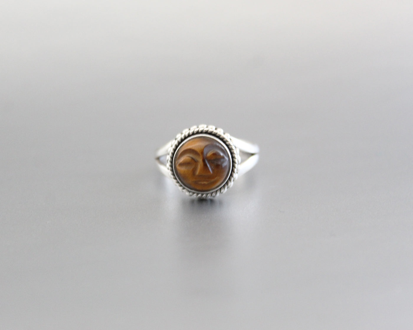 Tigers Eye Gemstone Ring.Moon Face Ring. Hand casted full moon.July Birthstone.Moon Ring. Stone Jewelry.Gemstone.Boho. Gypsy. Crescent Moon