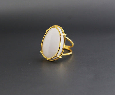 White Agate Ring, White Stone Ring, 18 K Gold Ring, Gemstone Ring, Stackable Solitaire Ring, Sterling Silver 925, Statement, Organic , Boho
