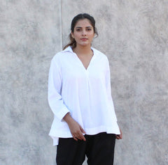 Women's linen blouse white Linen collar shirt, T-shirt in 3/4 sleeves Linen Shirt Blouse, Collared Shirt Top, Casual Top ,Linen Summer Trend, Handmade in India