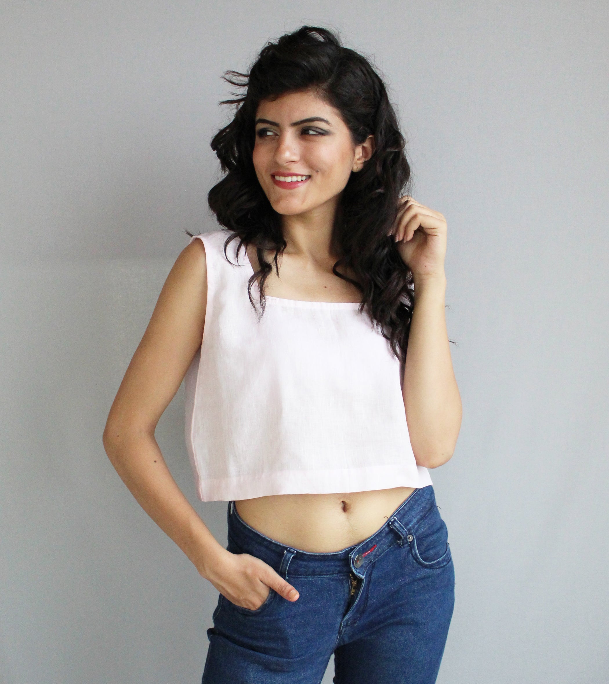 Casual square neck crop 100% Linen Top